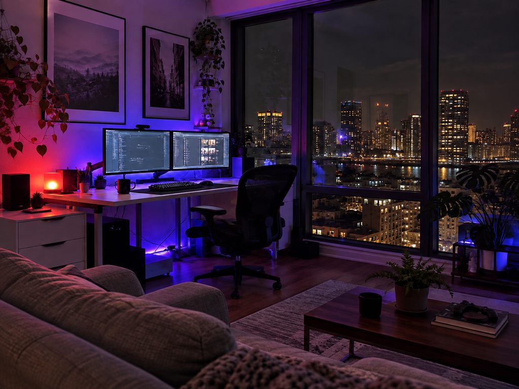 Escritorio con dos monitores y vistas a la ciudad de noche