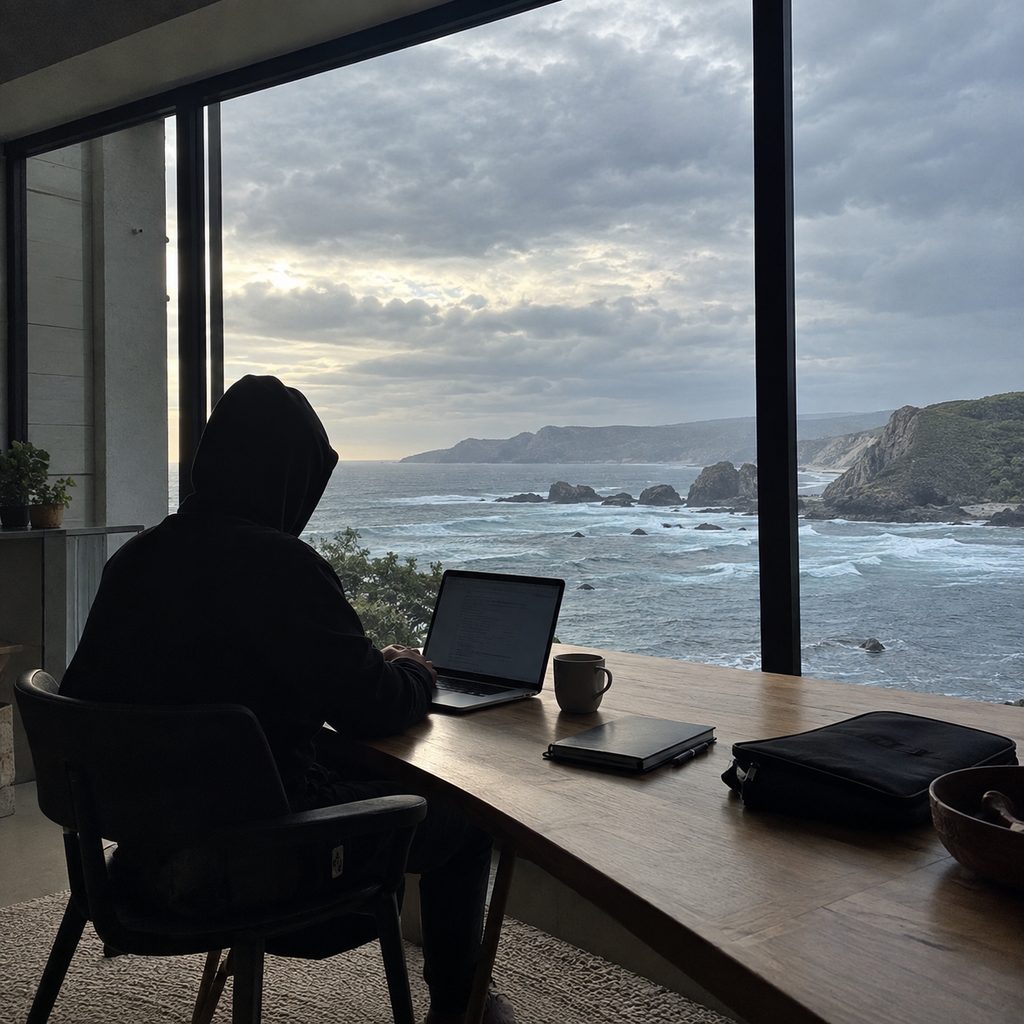 Persona trabajando con un portátil frente al mar